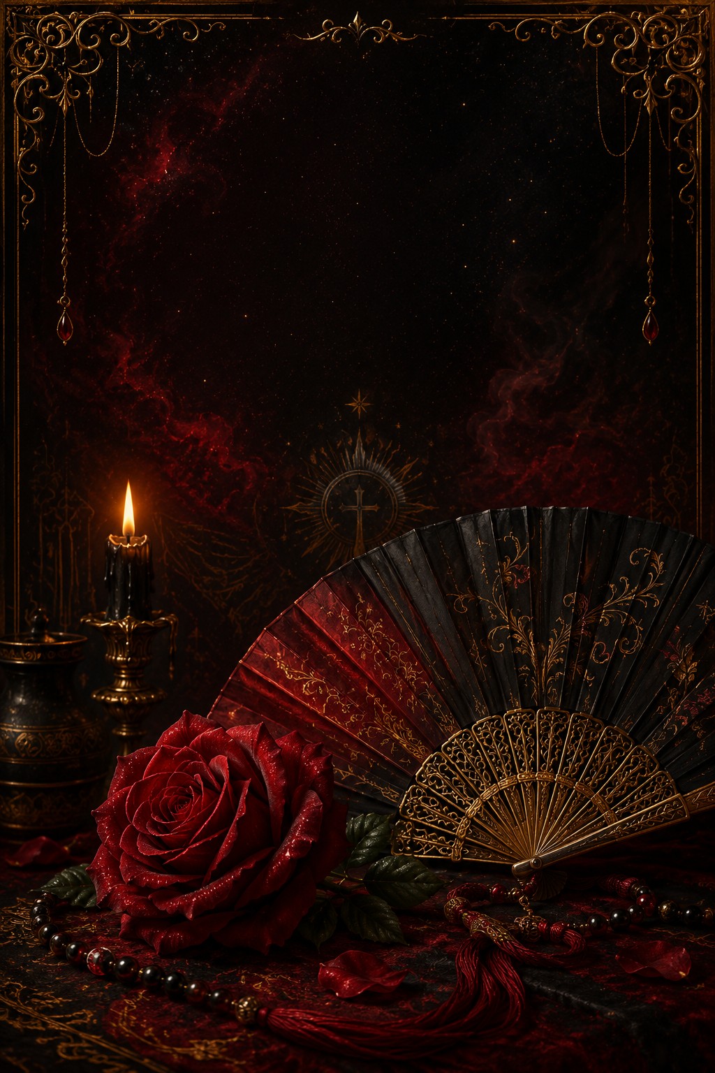Pombas Giras — rosa vermelha, leque e véu